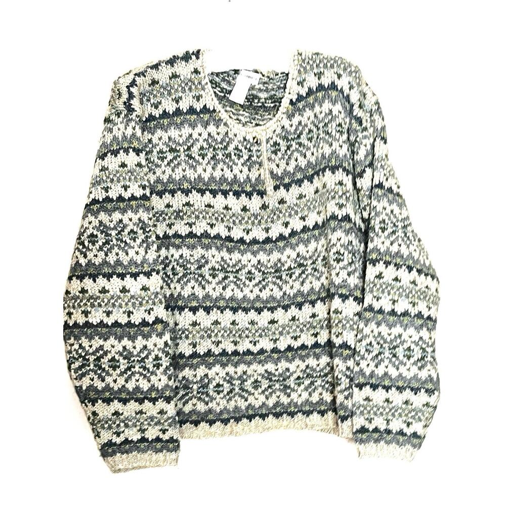 VTG WEATHERVANE BEIGE GRAY GREEN KNIT ACRYLIC WOOL BOXY PULLOVER SWEATER L LARGE